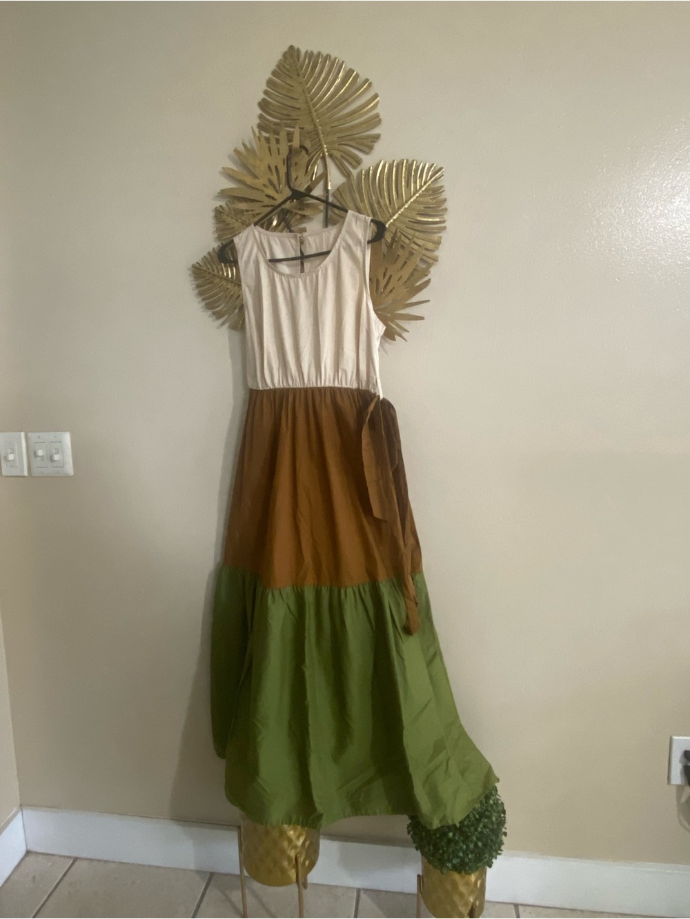 Cream, Brown & Green Tiered Maxi Dress